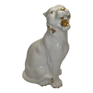 Hollywood Regency White Panther / Leopard Statue Gold Accents For Sale