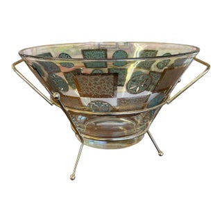 Vintage Mid-Century Modern Glass Serving Bowl With Gold-Tone Metal Stand. For Sale