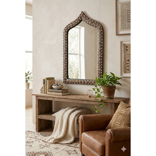 Large size resin and metal inlay Moroccan mirror. Made in the city of Marrakech. Rectangular shape with an arch on top,...