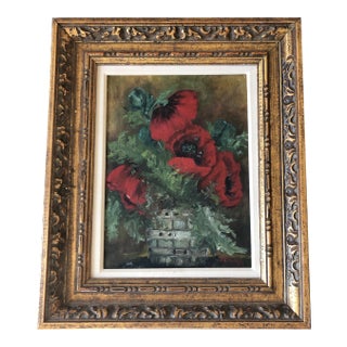 Vintage Original Still Life Painting With Poppies Signed 1950’s Vintage Frame For Sale