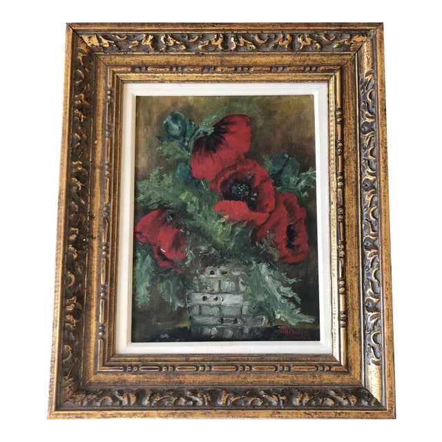 Vintage Original Still Life Painting With Poppies Signed 1950’s Vintage Frame For Sale