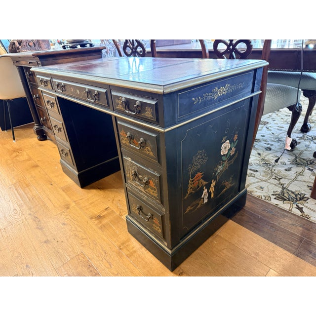 Mid 20th Century Chinoiserie Ebonized Hand Painted Kneehole Leather Top Desk For Sale - Image 5 of 12