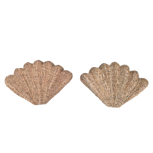 A Pair of Coastal Beach House Clam Shell Sculptural Wall Art Decor Made of Woven Wicker and Seagrass Made by Pottery Barn...