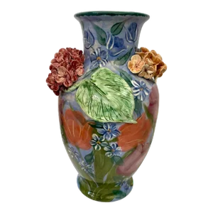 Lesal Ceramics Hand Painted 16" Floral Hydrangea Vase. California. Signed.