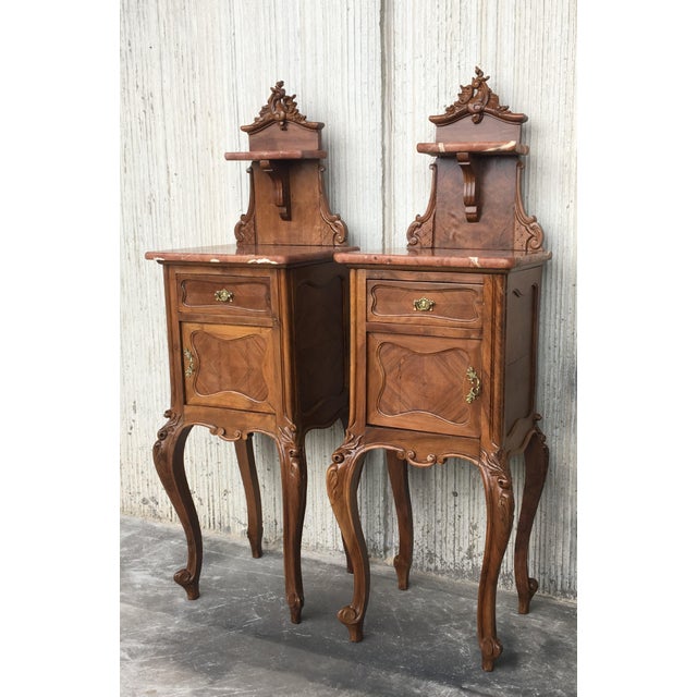 Tall And High Top Solid Oak Bedside Cabinets With Marble Top And