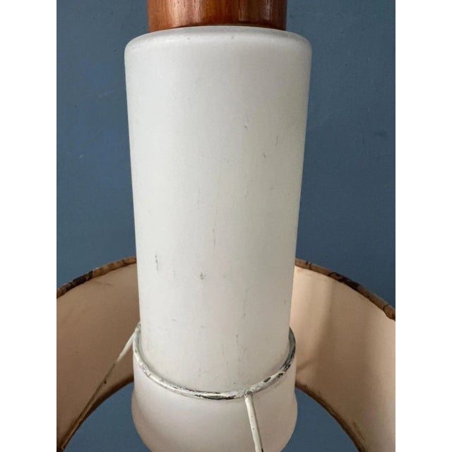Mid-Century Opaline Glass Pendant Lamp with Beige Fabric Jungle Shade For Sale - Image 9 of 11