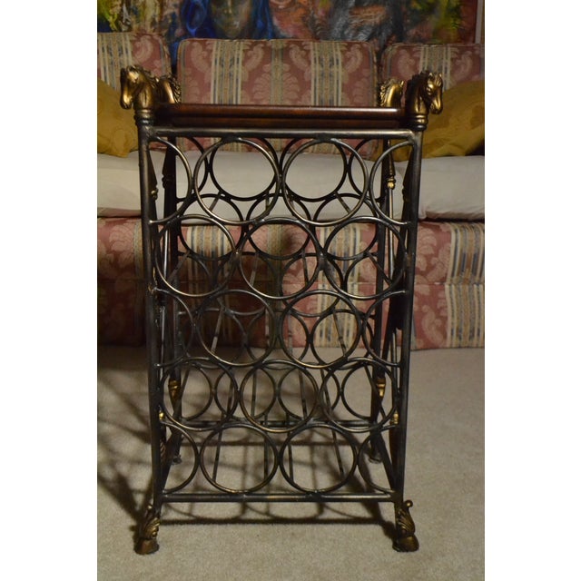 Mid-Century Modern Vintage Maitland Smith Brass Bronze Horse Head Equestrian Wine Rack Leather Tray For Sale - Image 3 of 13