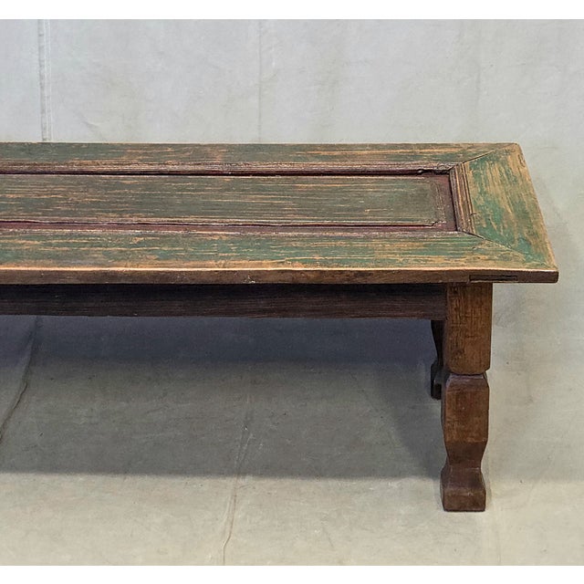 Wood Vintage Teak Coffee Table Made From an Old Reclaimed Door With Green Paint For Sale - Image 7 of 16