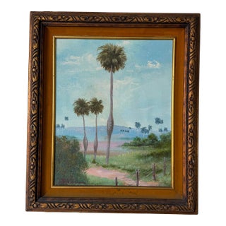 1970’s Julio Carballosa (Cuban–American, 1919–2012) Tropical Palm Landscape Oil on Canvas Painting, Framed For Sale