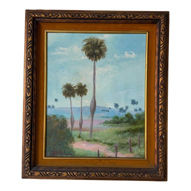 1970’s Julio Carballosa (Cuban–American, 1919–2012) Tropical Palm Landscape Oil on Canvas Painting, Framed For Sale
