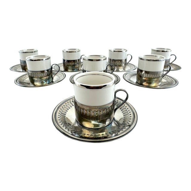 Vintage Silverplate & Porcelain Demitasse Set, Pierced Metal Holders, Modernist Espresso Service for Six For Sale
