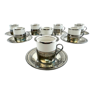 Vintage Silverplate & Porcelain Demitasse Set, Pierced Metal Holders, Modernist Espresso Service for Six