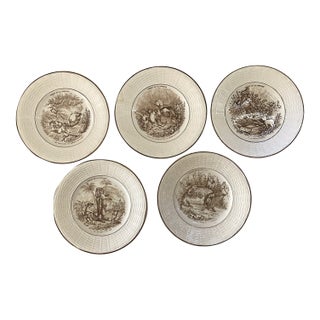 Circa 1920 Five Dessert Plates Featuring Illustrations From the Fables De La Fontaine Series, Made in France- Set of 5 For Sale