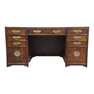 Baker Furniture Burled Walnut Asian Ming Chinoiserie 60" Executive Office Desk For Sale