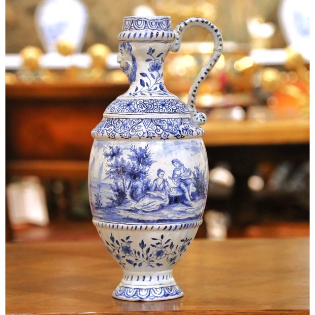 19th Century French Blue and White Faience Ewer With Courting Scene For Sale - Image 4 of 11