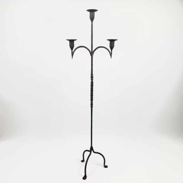 Hand Forged Iron Floor Candelabra 50.5″ (128cm) Antique Copper Patina 3-Arm Twist & Scroll Design Rustic Wedding Decor For Sale - Image 6 of 7