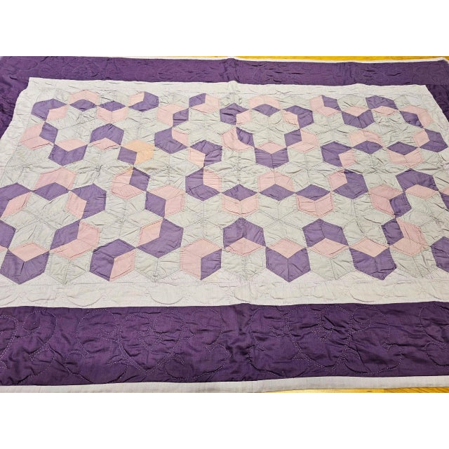 American Vintage Pennsylvania Amish “Block and Star” Hand-Stitched Cotton Quilt For Sale - Image 3 of 12