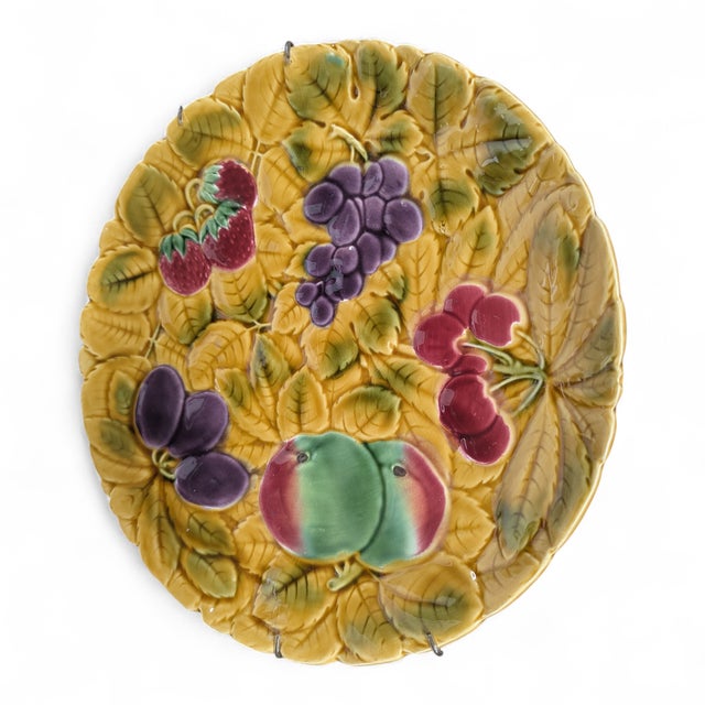 De Sarreguemines Antique French Barbotine Majolica Fruit Decorative Plate For Sale - Image 4 of 16