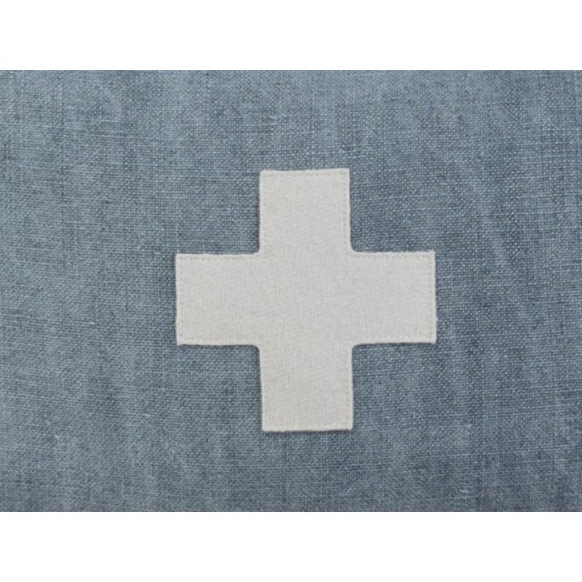 French Country French Blue and Cream Appliqué Cross Wool & Linen Feather/Down Pillow For Sale - Image 3 of 6