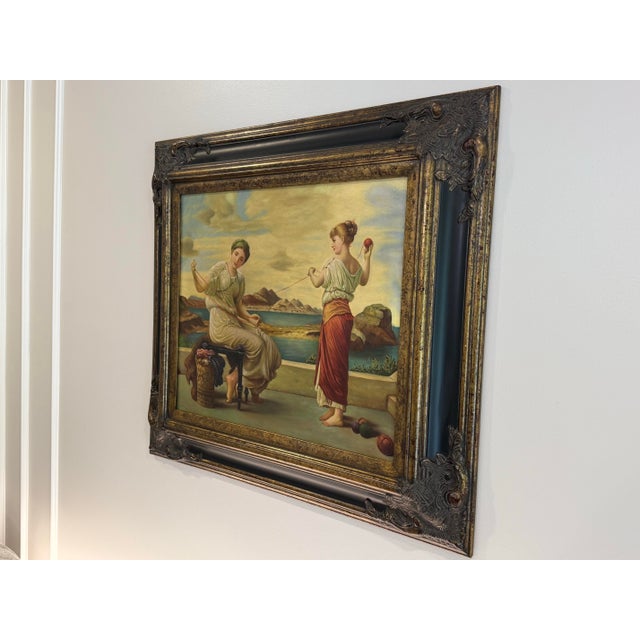Beautiful hand painted oil on canvas after Frederic Leightons’s “Winding the Skein,” first exhibited in 1878. Heavy,...