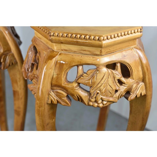 Mid Century Chinoiserie Carved Wood Marble Top Plant Stand Pedestal Table - a Pair For Sale - Image 9 of 12