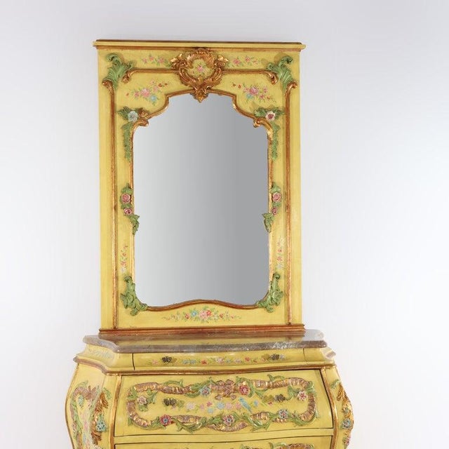 Yellow Venetian Floral Polychromed Marble Top Dresser With Trumeau Mirror C1930 For Sale - Image 8 of 14