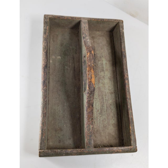Wood 19th Century Primitive Rustic Tool or Tote Tray in Verdigris Green Paint For Sale - Image 7 of 9
