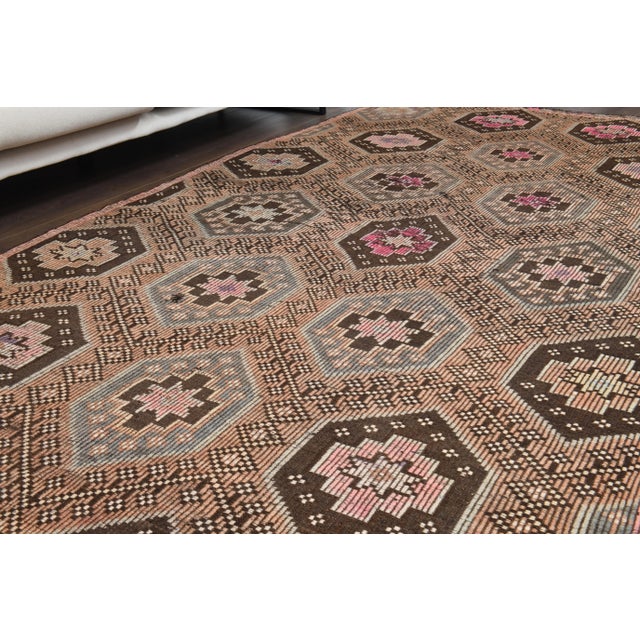 1970s Vintage Turkish Hand-Knotted Wool Cotton Brown Area Rug For Sale - Image 4 of 12