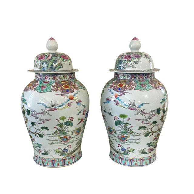 Green Vintage Lg Chinoiserie Famille Rose Porcelain Ginger Jars 26" H Pair For Sale - Image 8 of 11