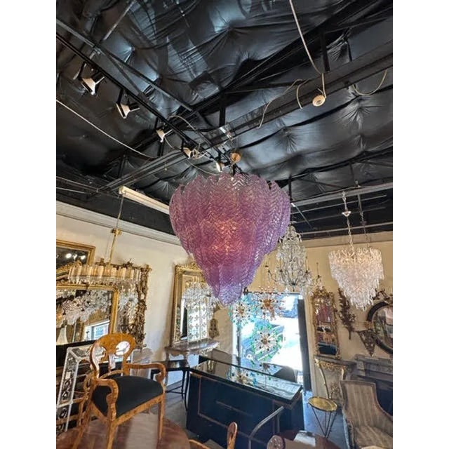 Modern Large Scale Murano Fuchsia Colored Leaf Form Waterfall Chandelier For Sale - Image 3 of 8