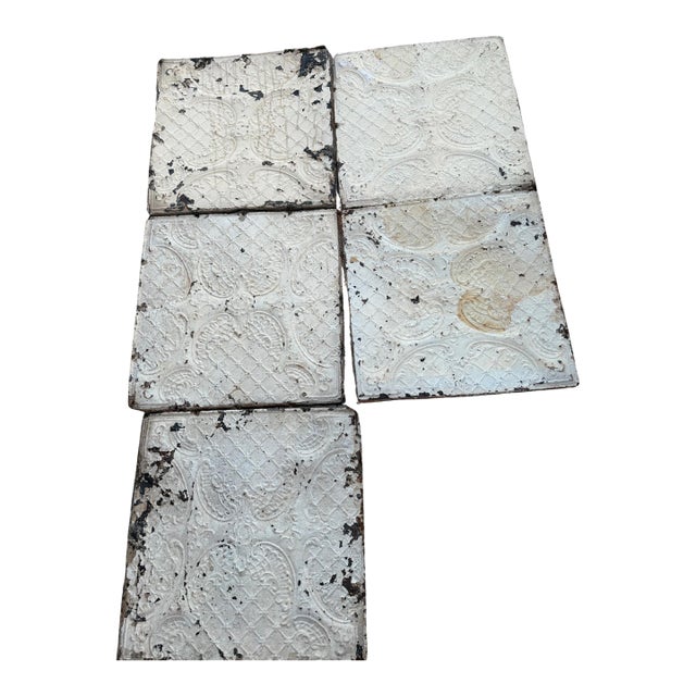 Victorian Antique Pressed Tin Ceiling Tiles – Ornate Scroll & Diamond Lattice Design – Original Architectural Salvage For Sale