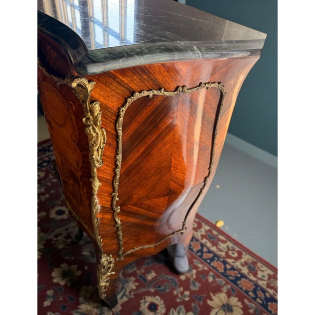 1900-1909 Louis XV French Empire Ormolu Mounted Marquetry Wood Tall Chest For Sale - Image 4 of 9