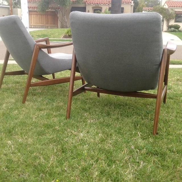 Mid-Century Modern Mid-Century Modern Gray Chenille Lounge Chairs Walnut Frames For Sale - Image 3 of 4