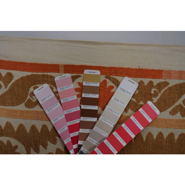 Uzbek Suzani Textile, Square Table Cover in Warm Tones 4'1'' X 4'5'' For Sale - Image 9 of 10