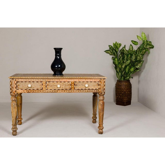 Anglo Style Mango Wood Desk with Drawers, Bone Inlay and Light Patina For Sale - Image 10 of 12