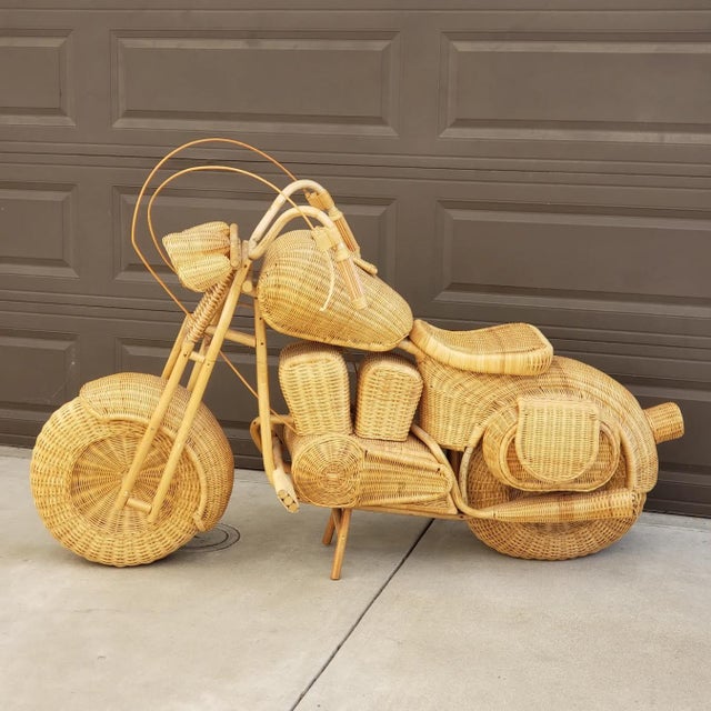 Vintage Wicker and Rattan LifeSize Harley Chopper Sculpture in the