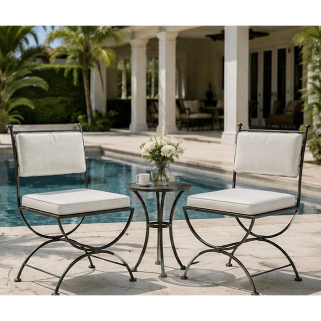 Pair of Vintage Turkish Curule-Leg Powder Coated Cast Iron Patio Chairs For Sale - Image 11 of 12