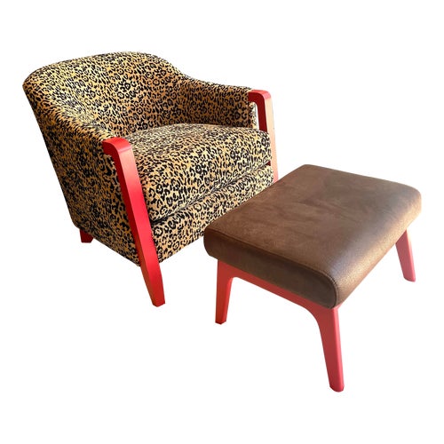 Hollywood Regency Leopard Themed Accent Chair and Ottoman Set