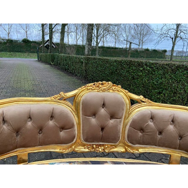 1970s French Louis XVI Gold Beech Brown Velvet Settee 1pc For Sale - Image 9 of 14