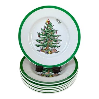1990s Spode “Christmas Tree” Set of 7 Lunch Salad Plates - Made in England For Sale