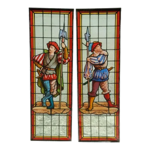 Set of 2 Antique 19th Century Neo-Renaissance Figural Leaded Stained Glass Windows