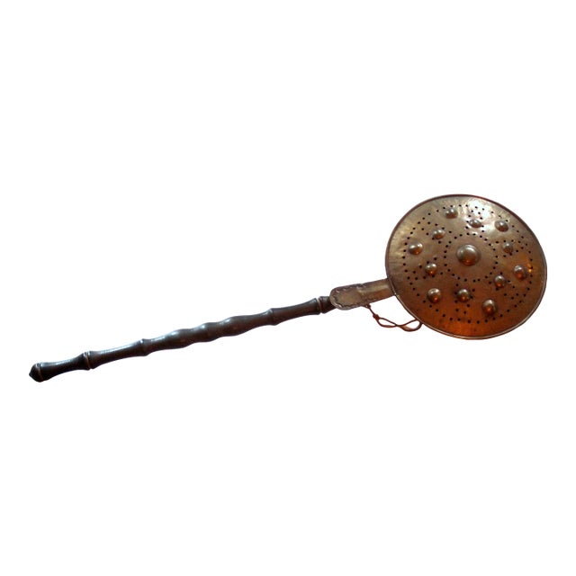 1910s - Antique Copper and Brass Bed Warmer With Wooden Handle For Sale