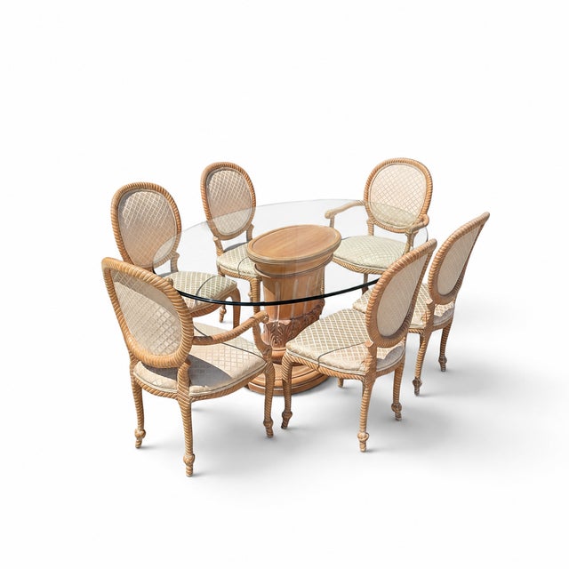 Vintage Carved Wood Oval Glass Dining Set With Six Upholstered Chairs For Sale - Image 13 of 18