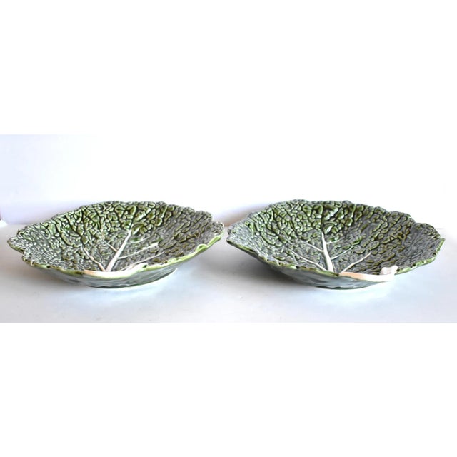 Late 20th Century Portuguese Majolica Cabbageware Leaf Serving Bowls - a Pair For Sale - Image 5 of 8