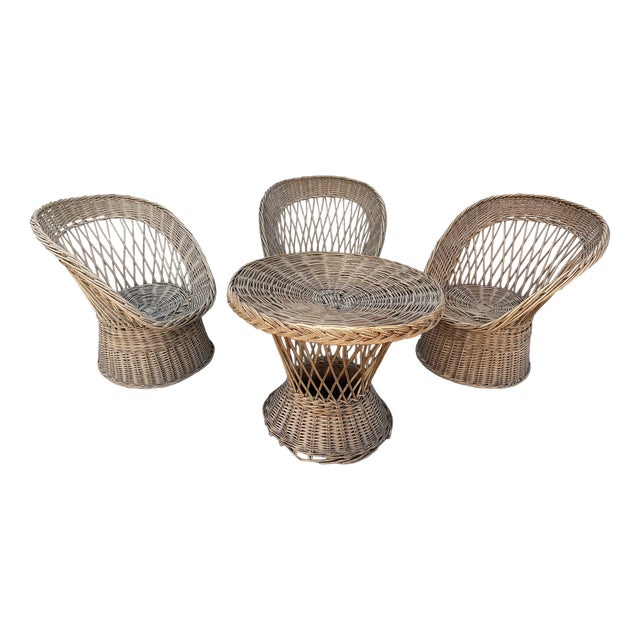 Wicker Living Room Set, 1970s, Set of 4 For Sale