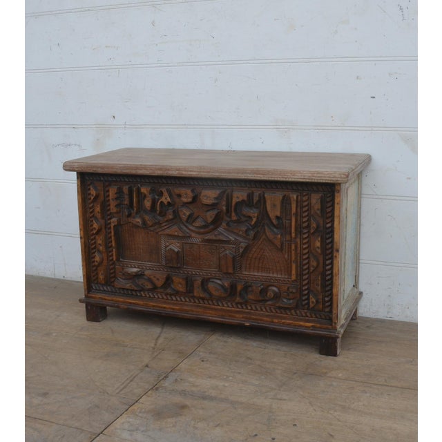 Wood Reclaimed Teak Wood Trunk With Hand Carved Design. For Sale - Image 7 of 8