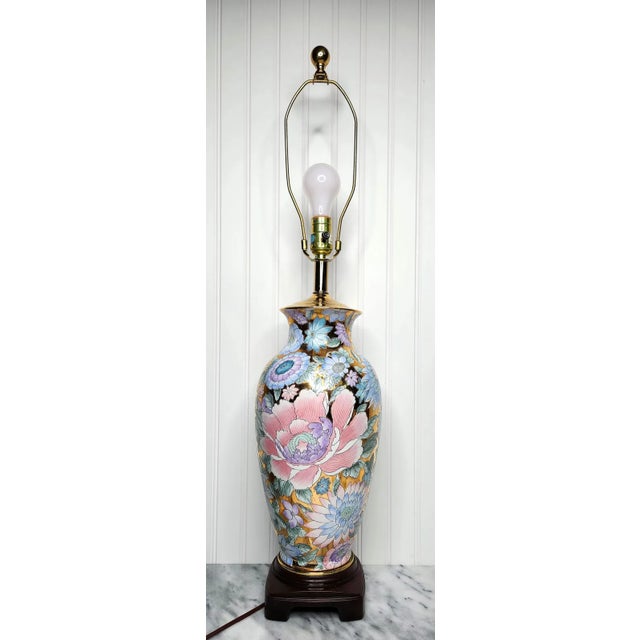 Vintage Chinoiserie Mille-Fleurs Gold Porcelain Table Lamp, Large 32” Statement Floral Lamp ​ ​Make a bold, vibrant...
