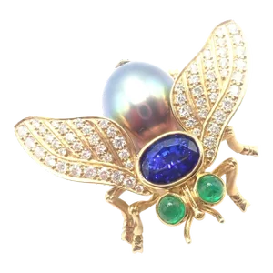 Tiffany & Co. 18k Gold Diamond Tahitian Pearl Tanzanite Emerald Fly Pin Brooch