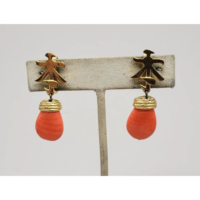 Pink Vintage 1960s Signed Trifari Asian Style Faux-Coral Drop Clip Earrings- 2 Pieces For Sale - Image 8 of 9