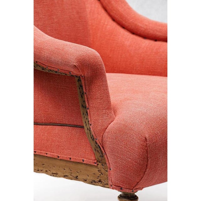 Napoleon III Brique Linen Salon Chair and Tufted Ottoman, Set of 2 For Sale - Image 8 of 16